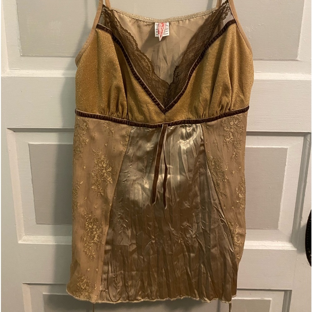 Vintage Y2K brown and gold lace and silk tank top